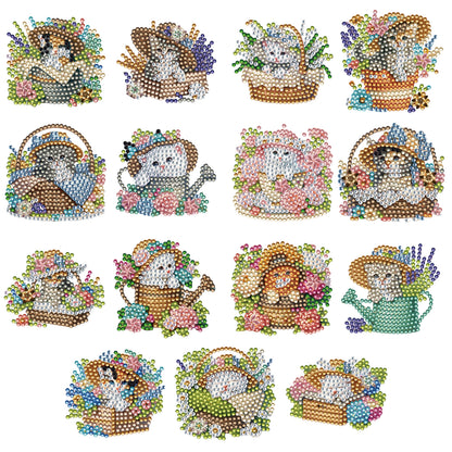 15pcs Cat 2D Acrylic DIY Diamond Art Fridge Magnet Kit for Home Car Decor