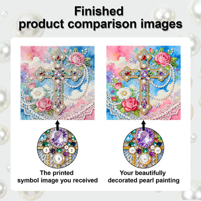 Cross - DIY Pearl Gem Art Diamond Painting Kits With Framefor Home Decor -25x25cm