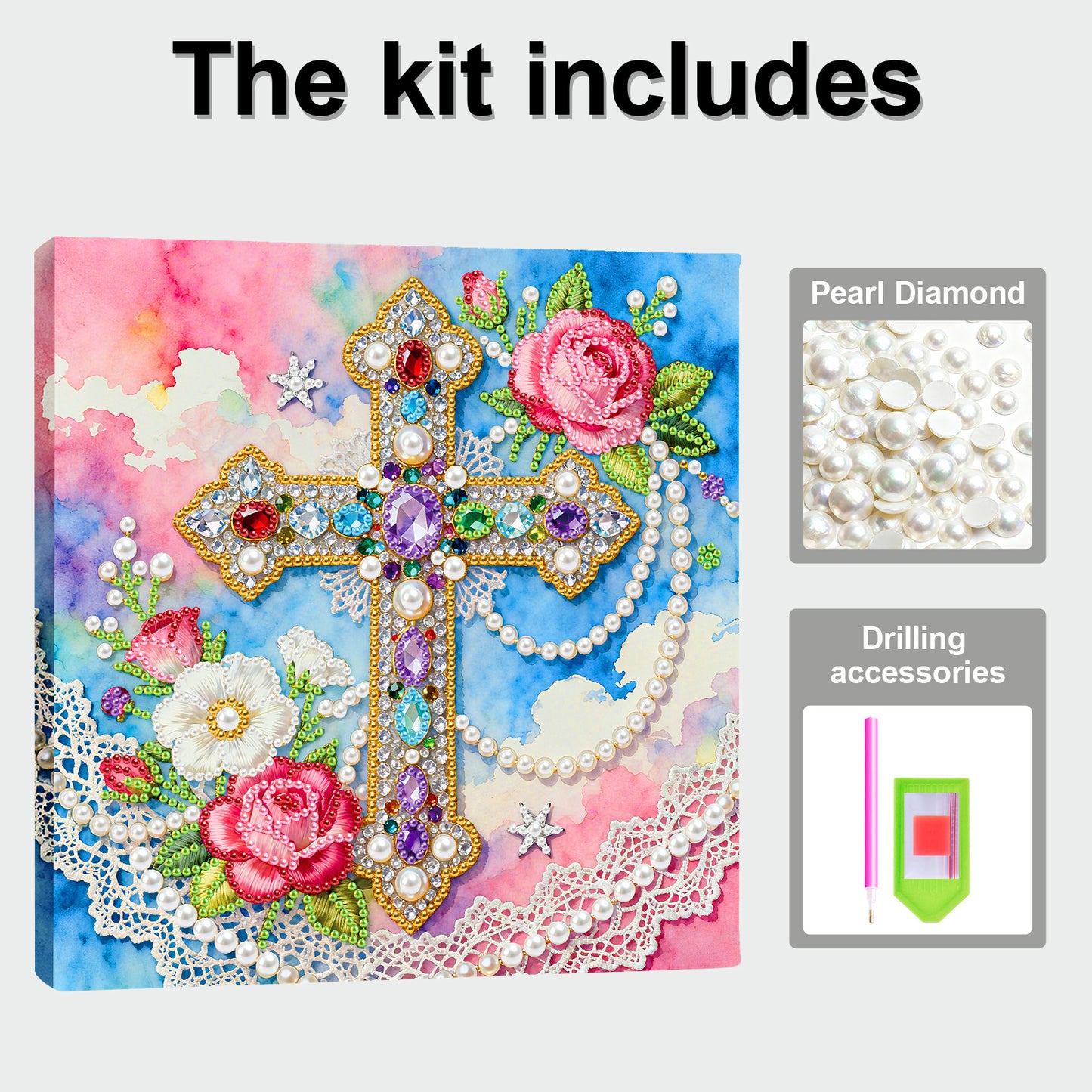 Cross - DIY Pearl Gem Art Diamond Painting Kits With Framefor Home Decor -25x25cm