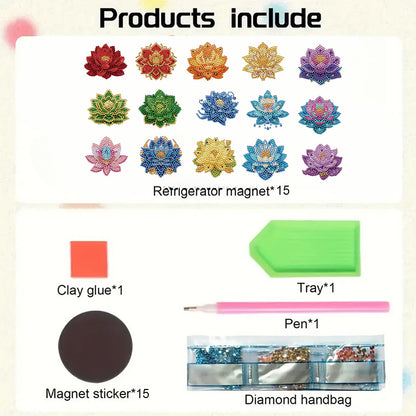 15pcs Lotus 2D Acrylic DIY Diamond Art Fridge Magnet Kit for Home Car Decor
