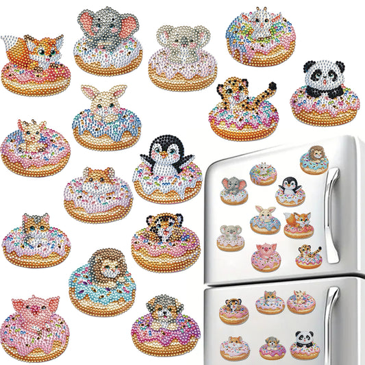 15pcs Donut Animal 2D Acrylic DIY Diamond Art Fridge Magnet Kit for Home Decor