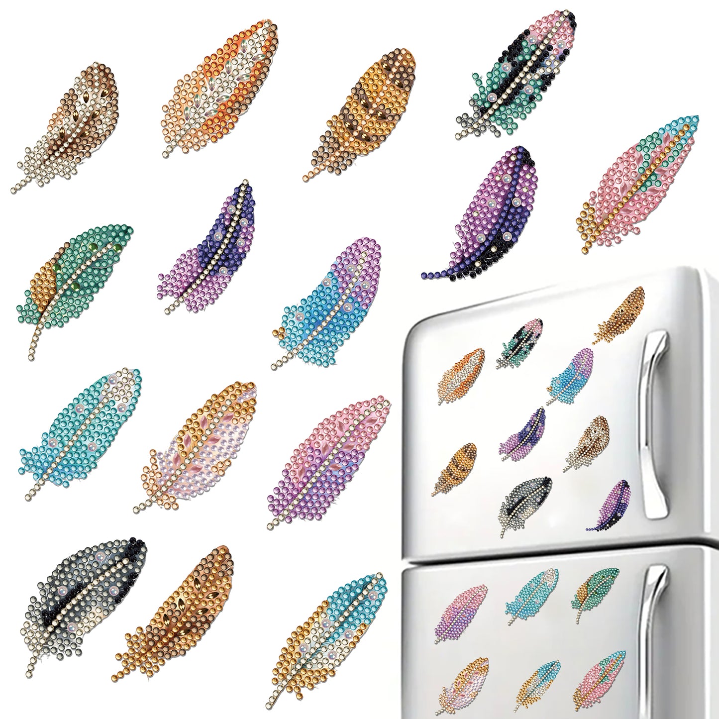 15pcs Feather 2D Acrylic DIY Diamond Art Fridge Magnet Kit for Home Cars Decor