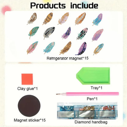 15pcs Feather 2D Acrylic DIY Diamond Art Fridge Magnet Kit for Home Cars Decor