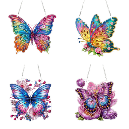 4pcs Butterfly Floral DIY 2D Flat Acrylic Diamond Painting Pendant Kit for Home