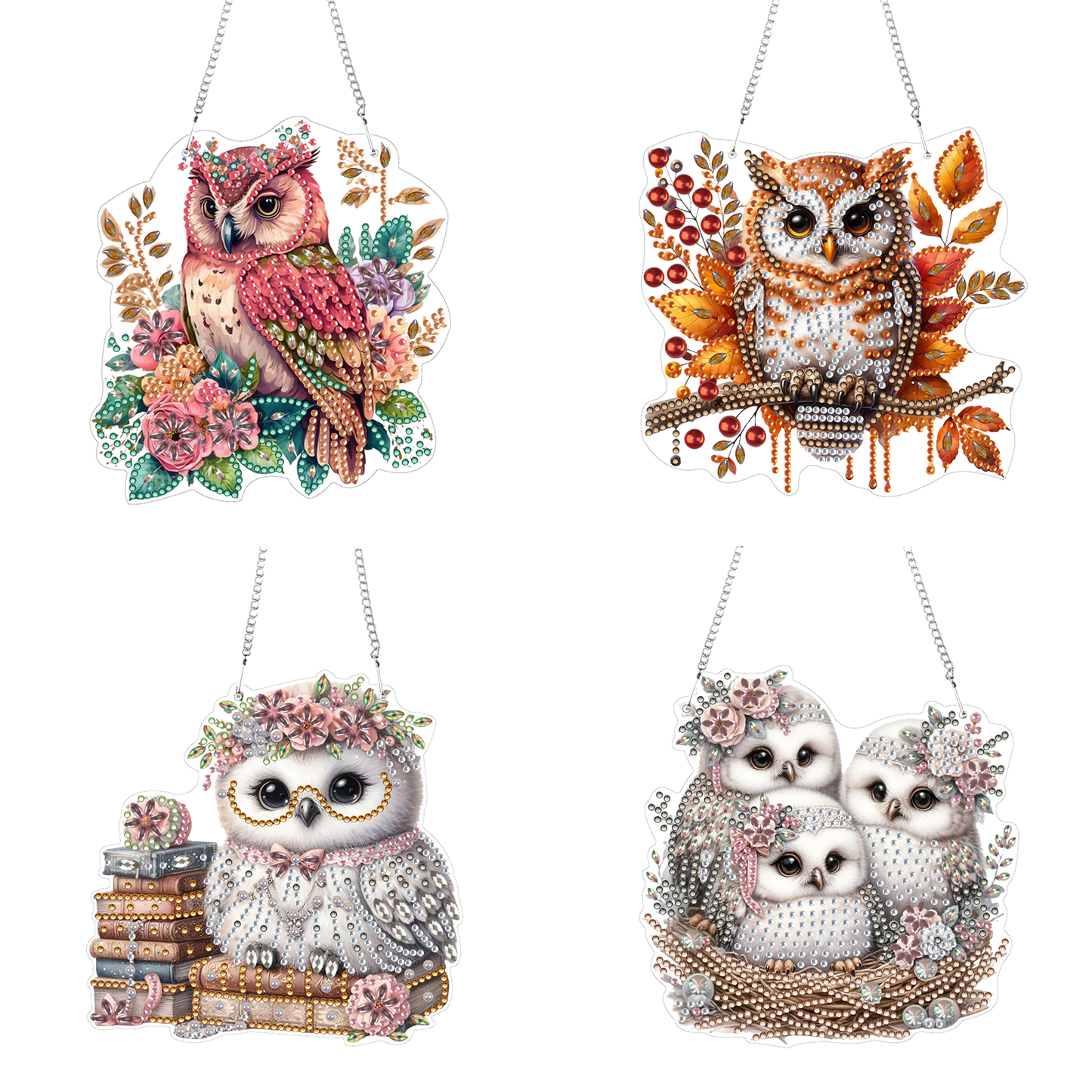 4pcs Owl DIY 2D Flat Acrylic Diamond Painting Pendant Kit for Adults Home Decor