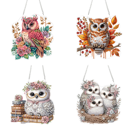 4pcs Owl DIY 2D Flat Acrylic Diamond Painting Pendant Kit for Adults Home Decor