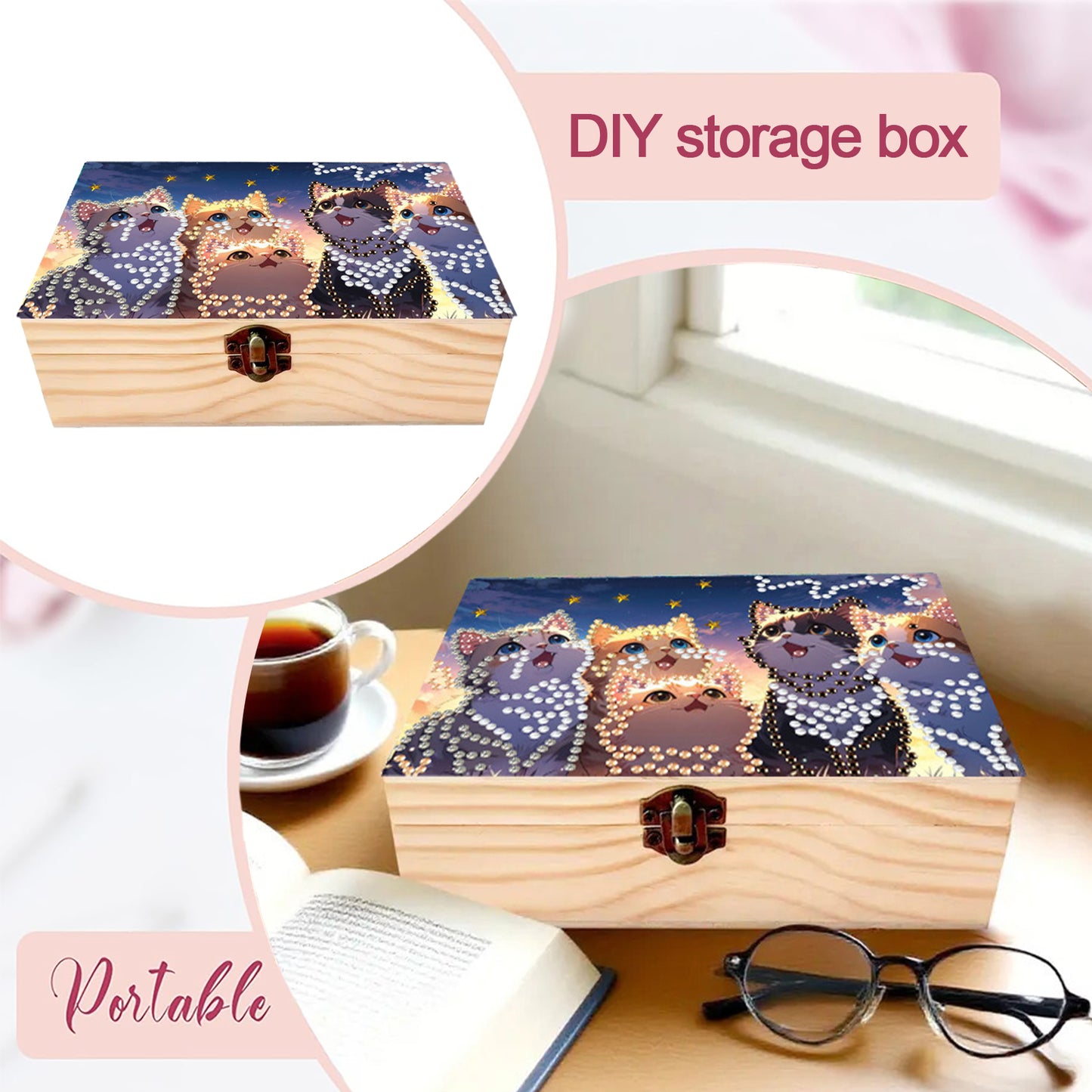 Kitty DIY Wooden 5D Diamond Art Diamond Art Storage Box for Adults Gifts Desktop