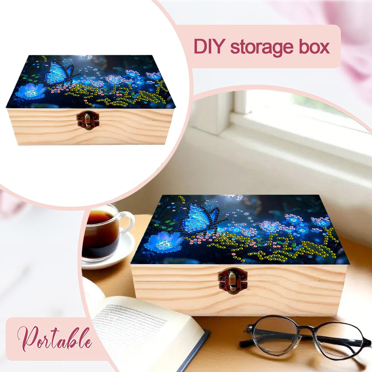Butterflies Flowers DIY Wooden 5D Diamond Art Diamond Art Storage Box for Adults