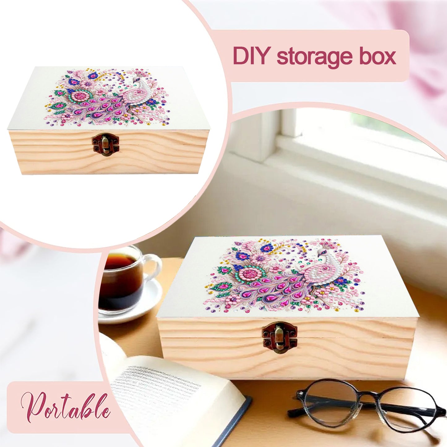 Peacock DIY Wooden 5D Diamond Art Diamond Art Storage Box for Adults Desktop