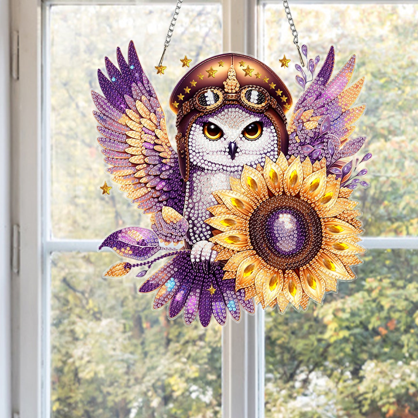 Owl Sunflower 2D Flat DIY Acrylic Diamond Painting Kit Window Hanging Wall Decor