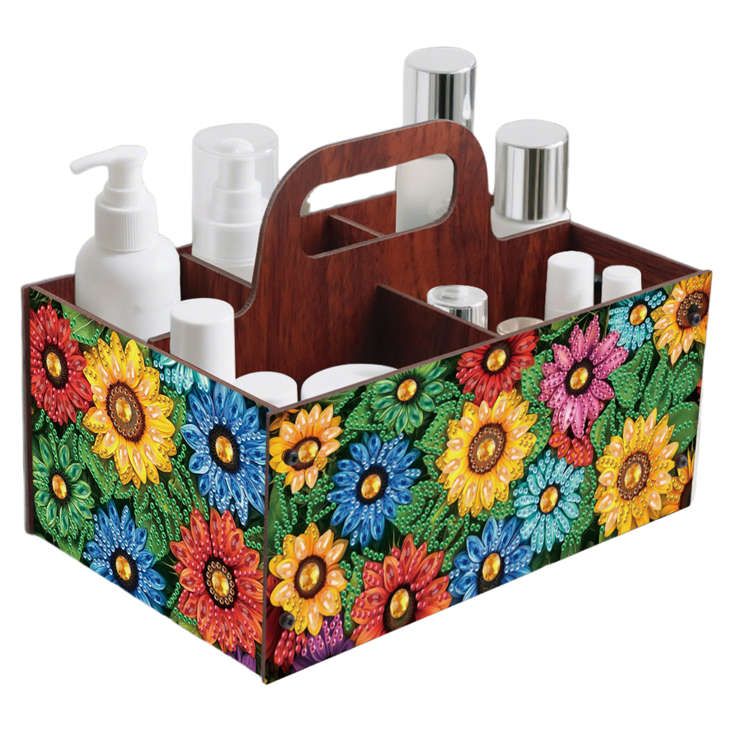 Colorful Flowers DIY Wooden Diamond Art Painting Storage Box with Handheld Home