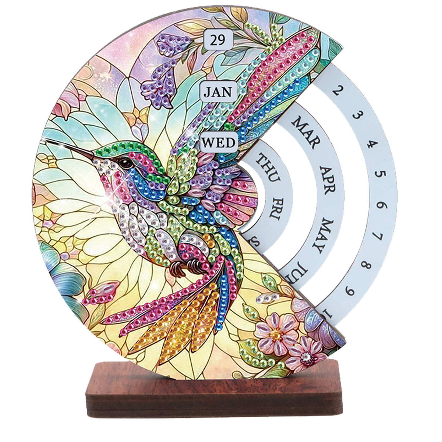 2pcs Butterfly Hummingbir Diamond Art Wooden Round Rotatable Calendar for Home
