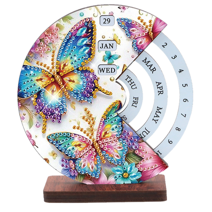2pcs Butterfly Hummingbir Diamond Art Wooden Round Rotatable Calendar for Home