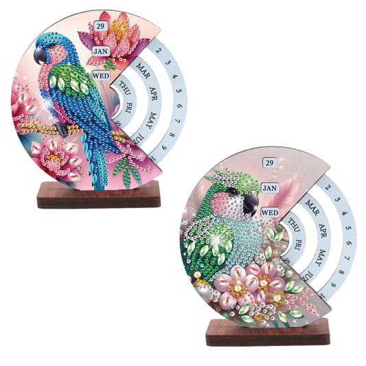 2pcs Parrot DIY Diamond Art Wooden Round Rotatable Calendar for Home Office