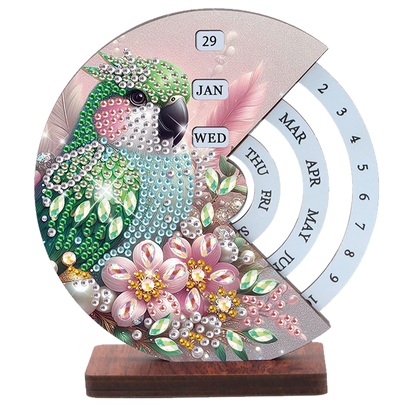 2pcs Parrot DIY Diamond Art Wooden Round Rotatable Calendar for Home Office