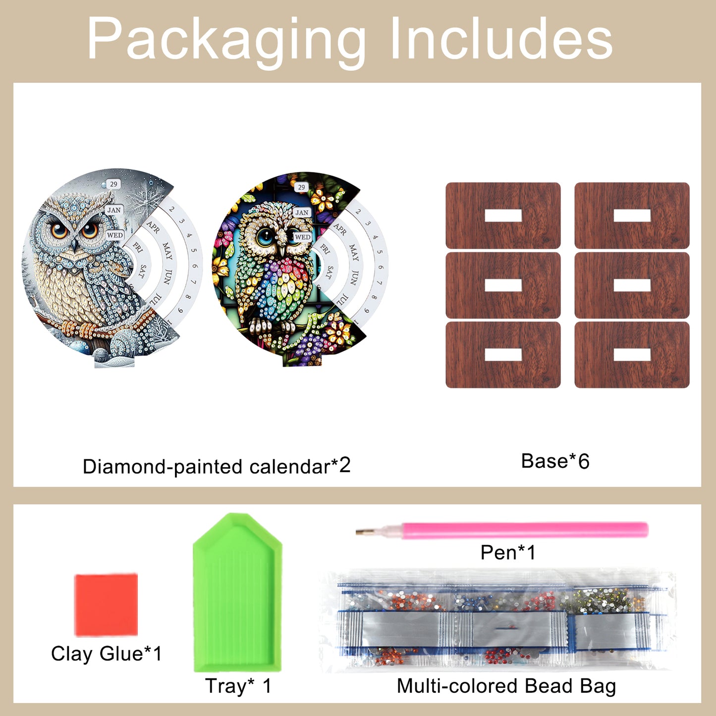 2pcs Owl DIY Diamond Art Wooden Round Rotatable Calendar for Home Office Desk