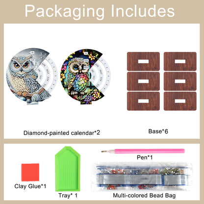 2pcs Owl DIY Diamond Art Wooden Round Rotatable Calendar for Home Office Desk