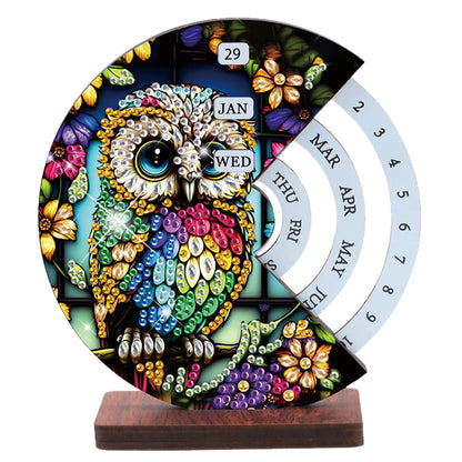 2pcs Owl DIY Diamond Art Wooden Round Rotatable Calendar for Home Office Desk