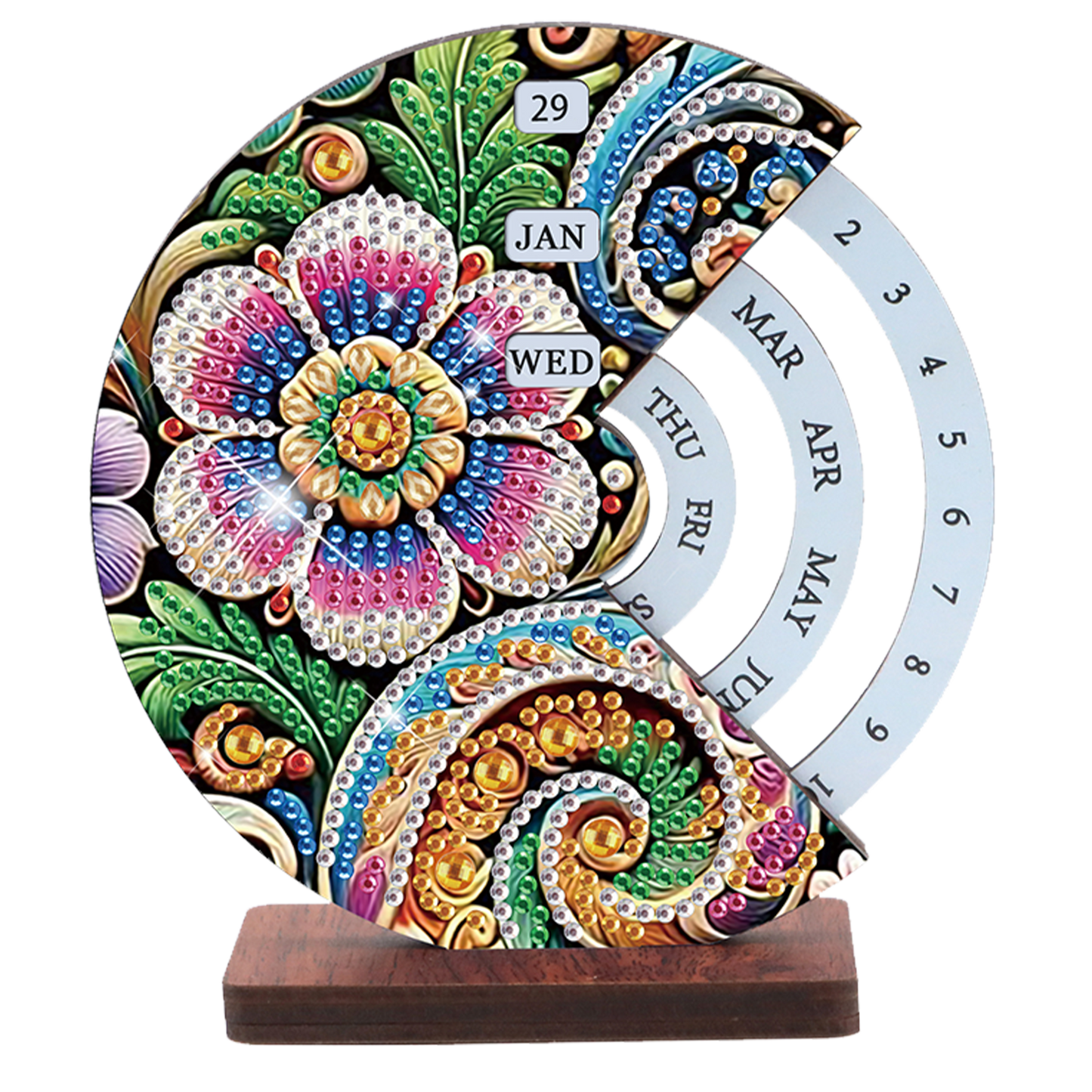 2pcs Flower Datura DIY Diamond Art Wooden Round Rotatable Calendar for Home Desk