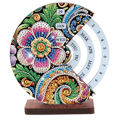 2pcs Flower Datura DIY Diamond Art Wooden Round Rotatable Calendar for Home Desk