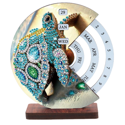 2pcs Sea Turtle DIY Diamond Art Wooden Round Rotatable Calendar for Home Office