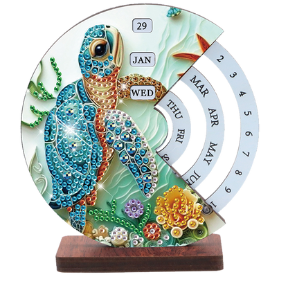 2pcs Sea Turtle DIY Diamond Art Wooden Round Rotatable Calendar for Home Office