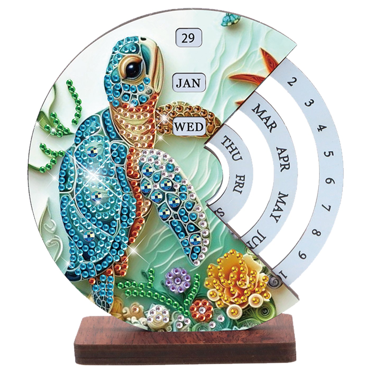 2pcs Sea Turtle DIY Diamond Art Wooden Round Rotatable Calendar for Home Office