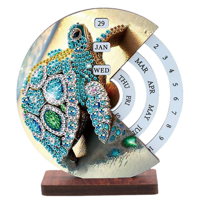 2pcs Sea Turtle DIY Diamond Art Wooden Round Rotatable Calendar for Home Office