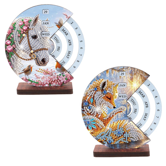 2pcs Fox White Horse DIY Diamond Art Wooden Round Rotatable Calendar for Home