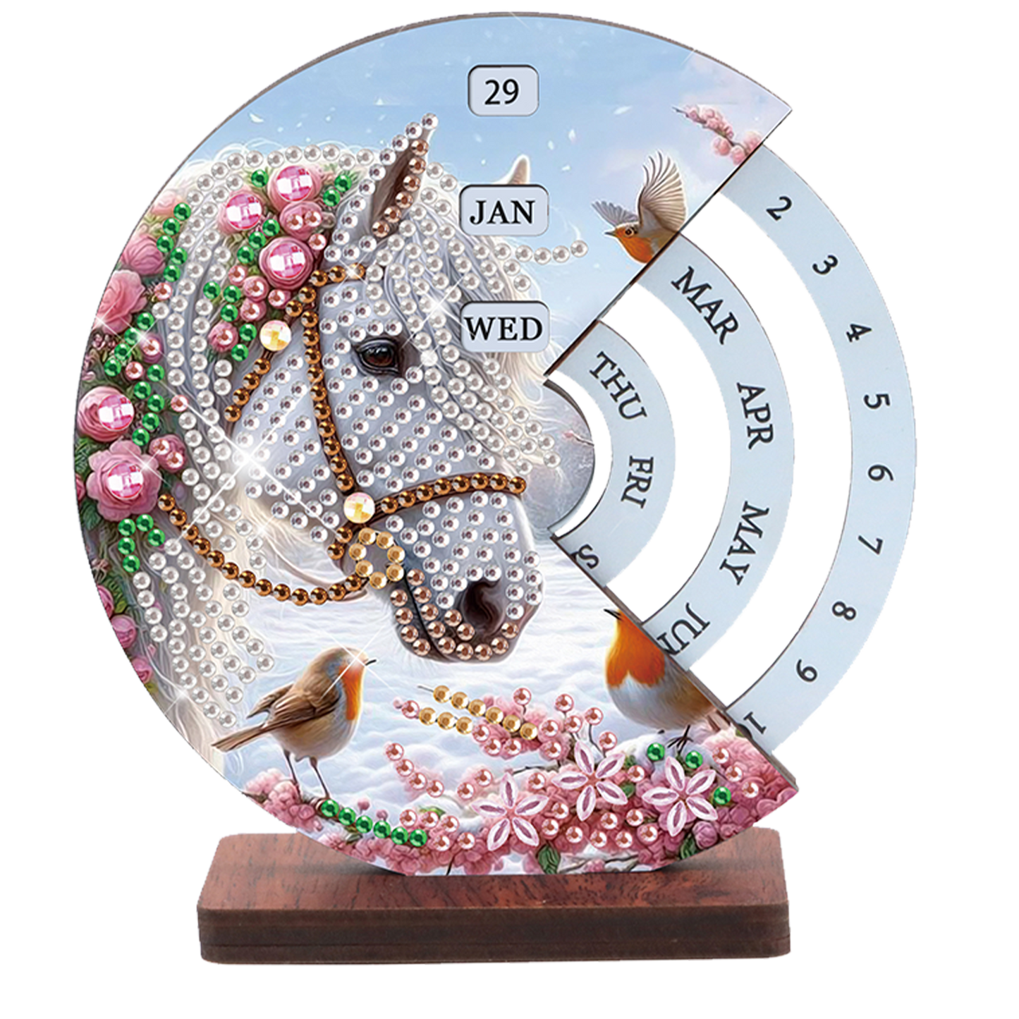 2pcs Fox White Horse DIY Diamond Art Wooden Round Rotatable Calendar for Home