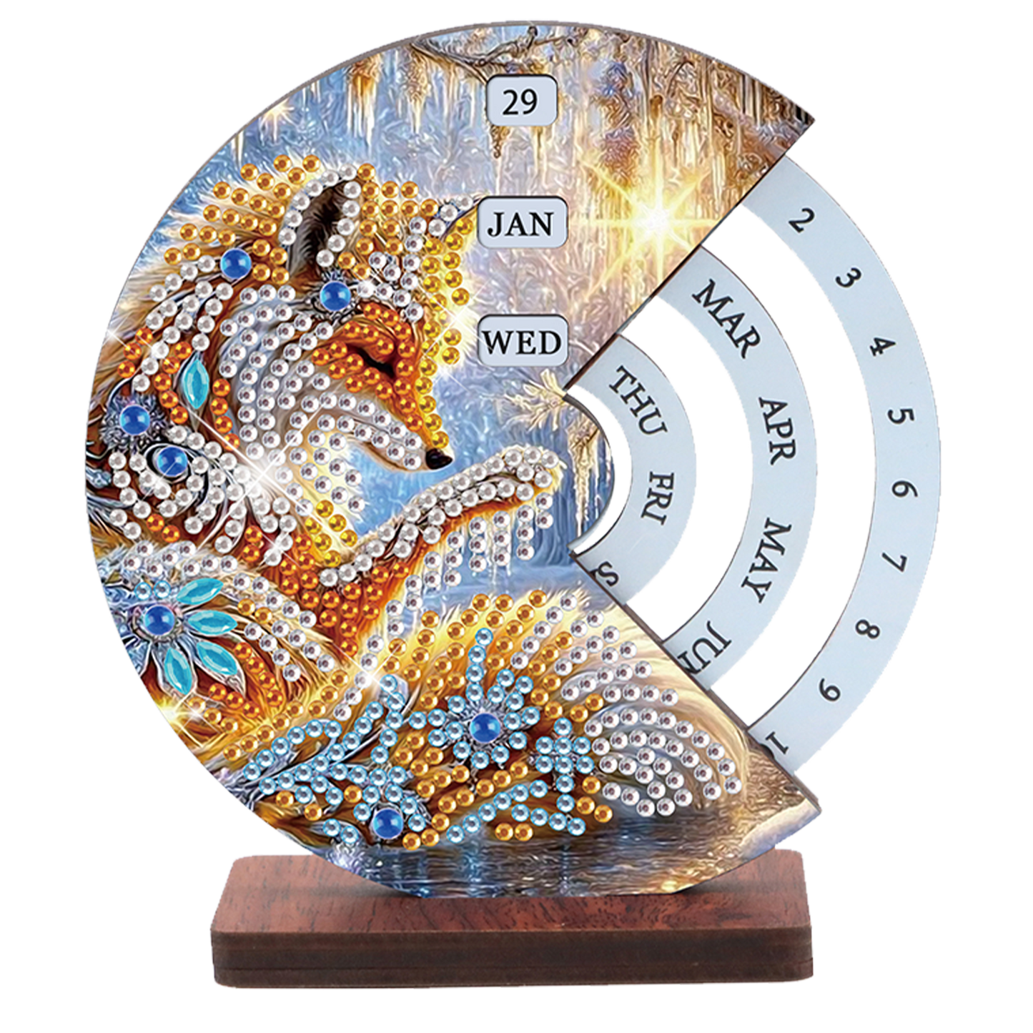 2pcs Fox White Horse DIY Diamond Art Wooden Round Rotatable Calendar for Home