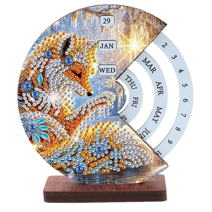 2pcs Fox White Horse DIY Diamond Art Wooden Round Rotatable Calendar for Home