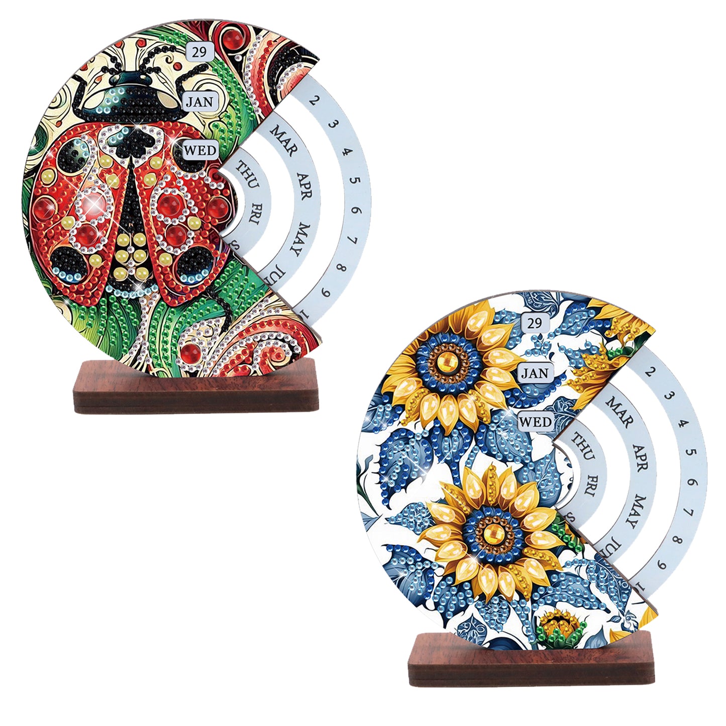 2pcs Ladybug DIY Diamond Art Wooden Round Rotatable Calendar for Home Office