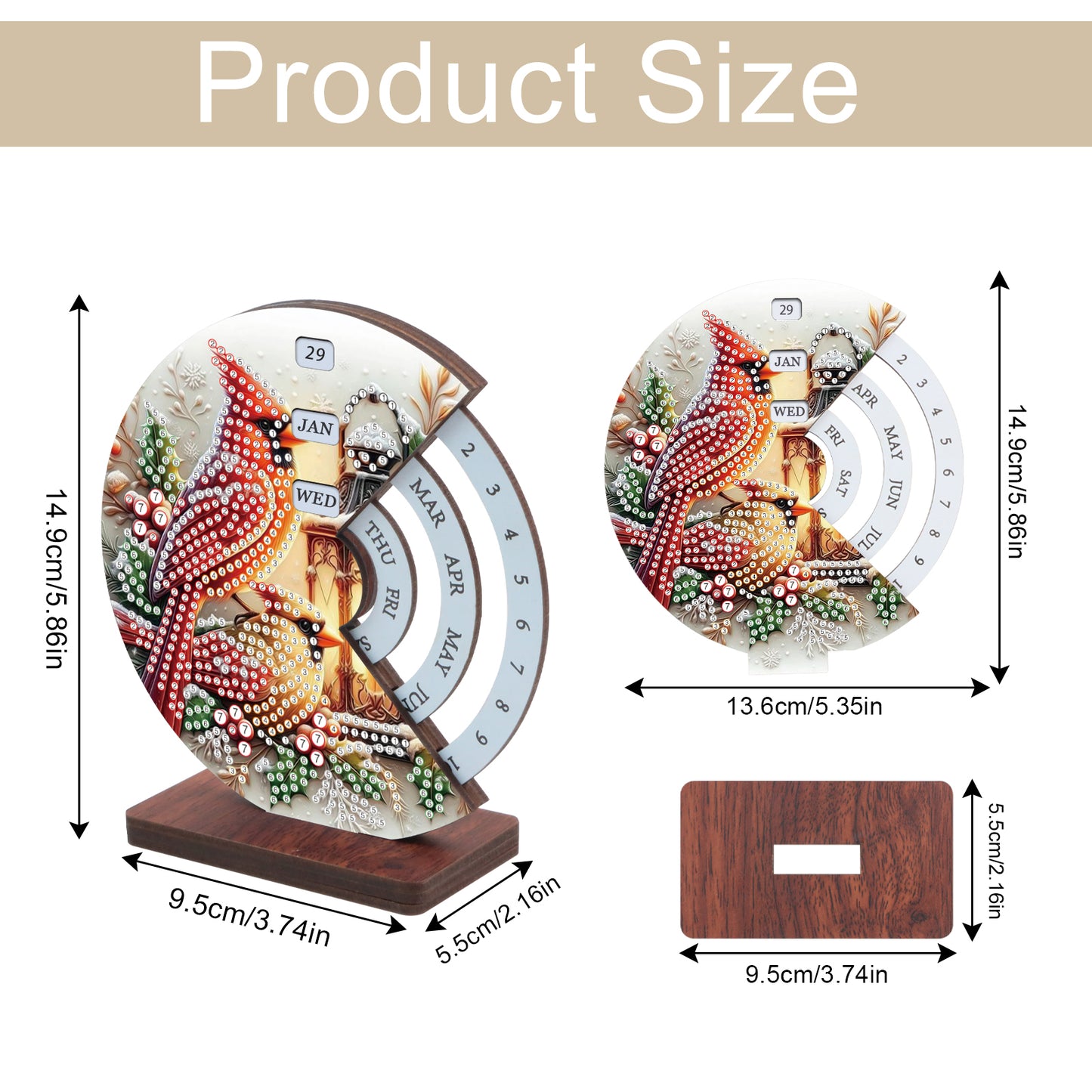 2pcs Cat Red Sparrow DIY Diamond Art Wooden Round Rotatable Calendar for Home