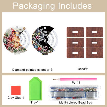 2pcs Cat Red Sparrow DIY Diamond Art Wooden Round Rotatable Calendar for Home