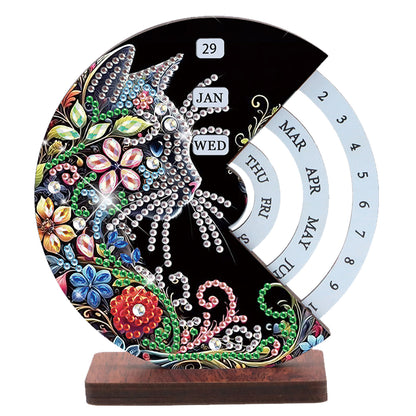 2pcs Cat Red Sparrow DIY Diamond Art Wooden Round Rotatable Calendar for Home