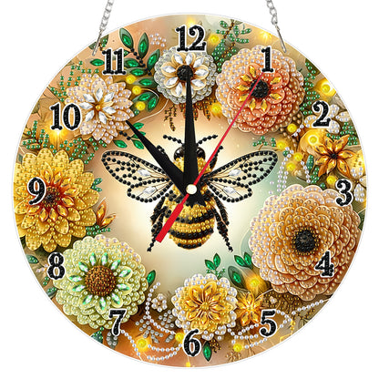 2D Flat DIY Bees Flowers Acrylic 5D Diamond Art Clock Kit for Home Decoration