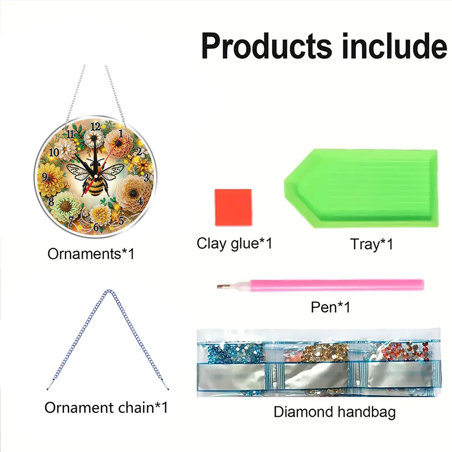 2D Flat DIY Bees Flowers Acrylic 5D Diamond Art Clock Kit for Home Decoration