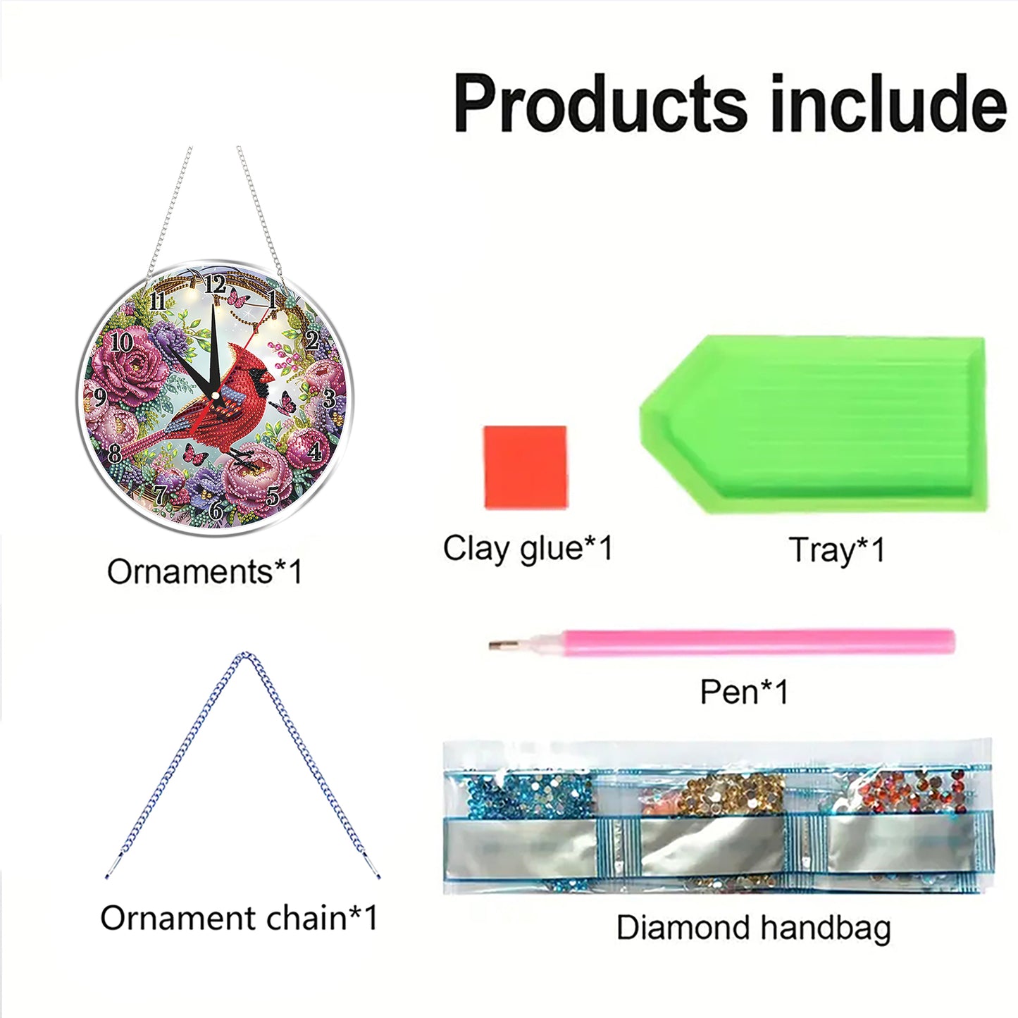 2D Flat DIY Redbird Flower Acrylic 5D Diamond Art Clock Kit for Home Decoration
