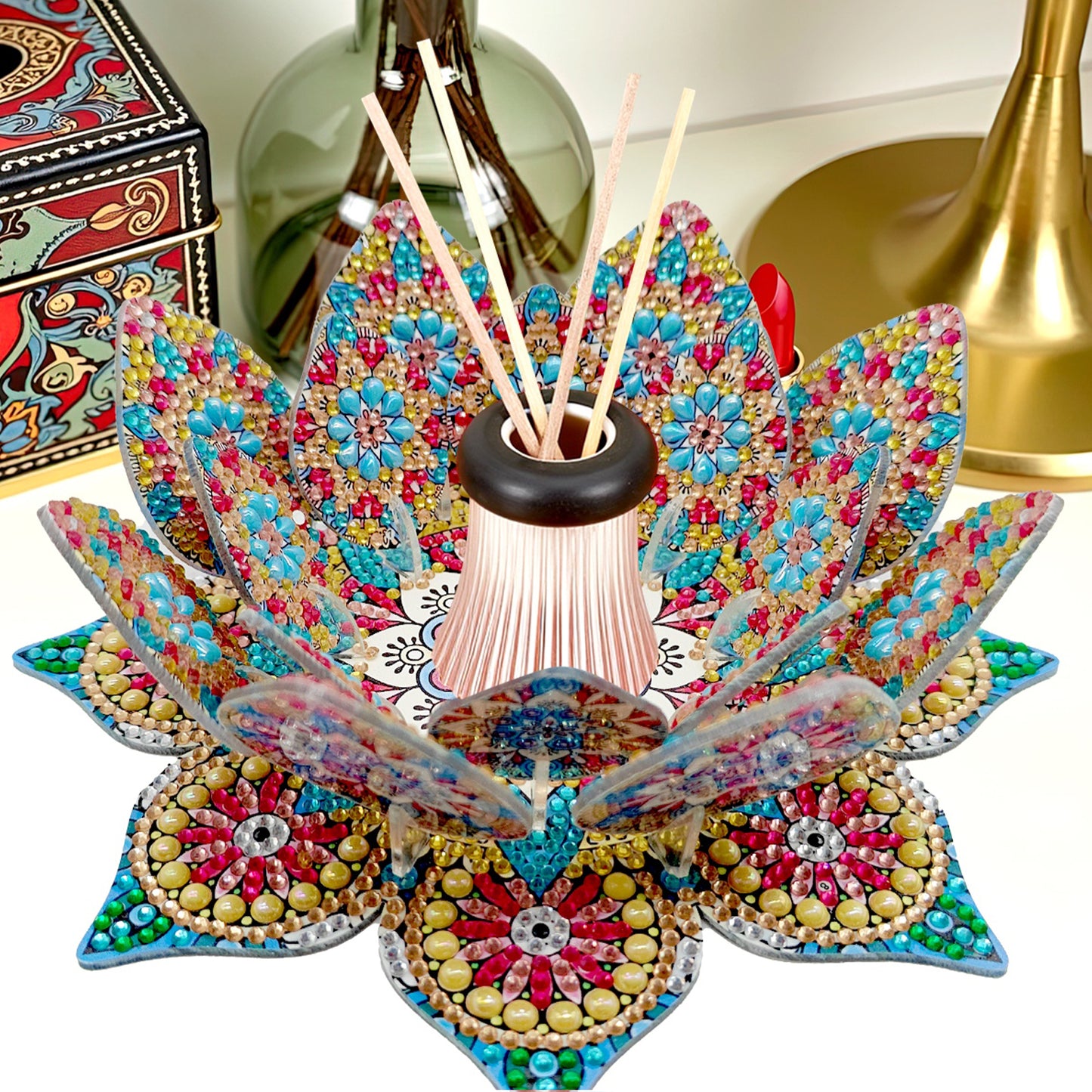 Gold Blue Lotus Candlestick DIY Diamond Art Desk Ornaments for Bedroom Decor