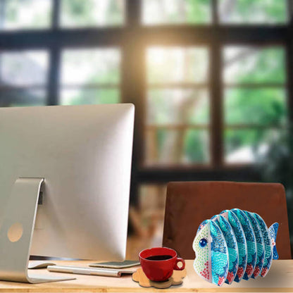Blue Fish 5D DIY Animal Pattern Diamond Painting Coasters Kits with Holder Home