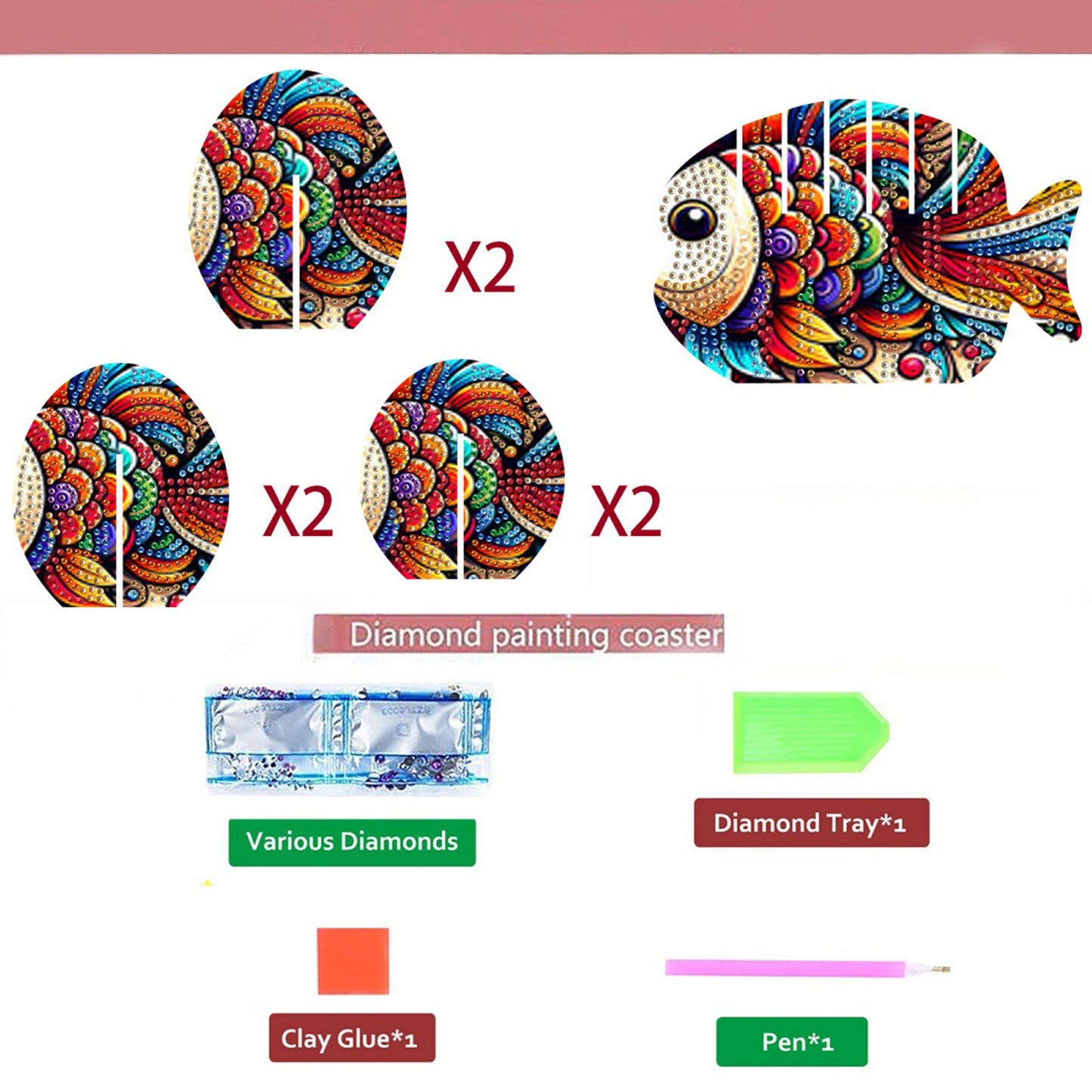 Fish 5D DIY Animal Pattern Diamond Painting Coasters Kits with Holder for Home