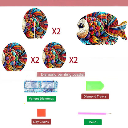 Fish 5D DIY Animal Pattern Diamond Painting Coasters Kits with Holder for Home