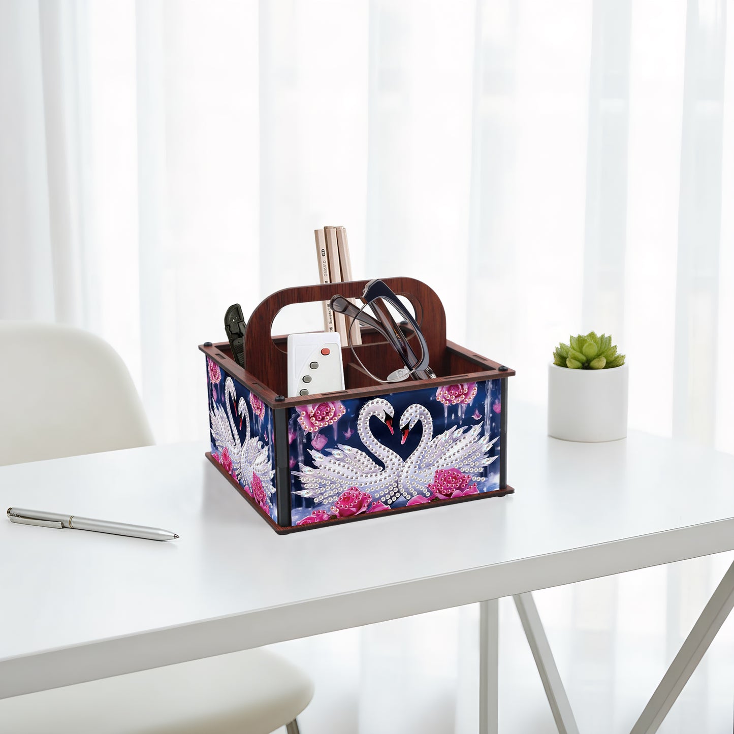 DIY Rose Swan Wooden Diamond Painting Handheld Storage Box Kit Tabletop Decor
