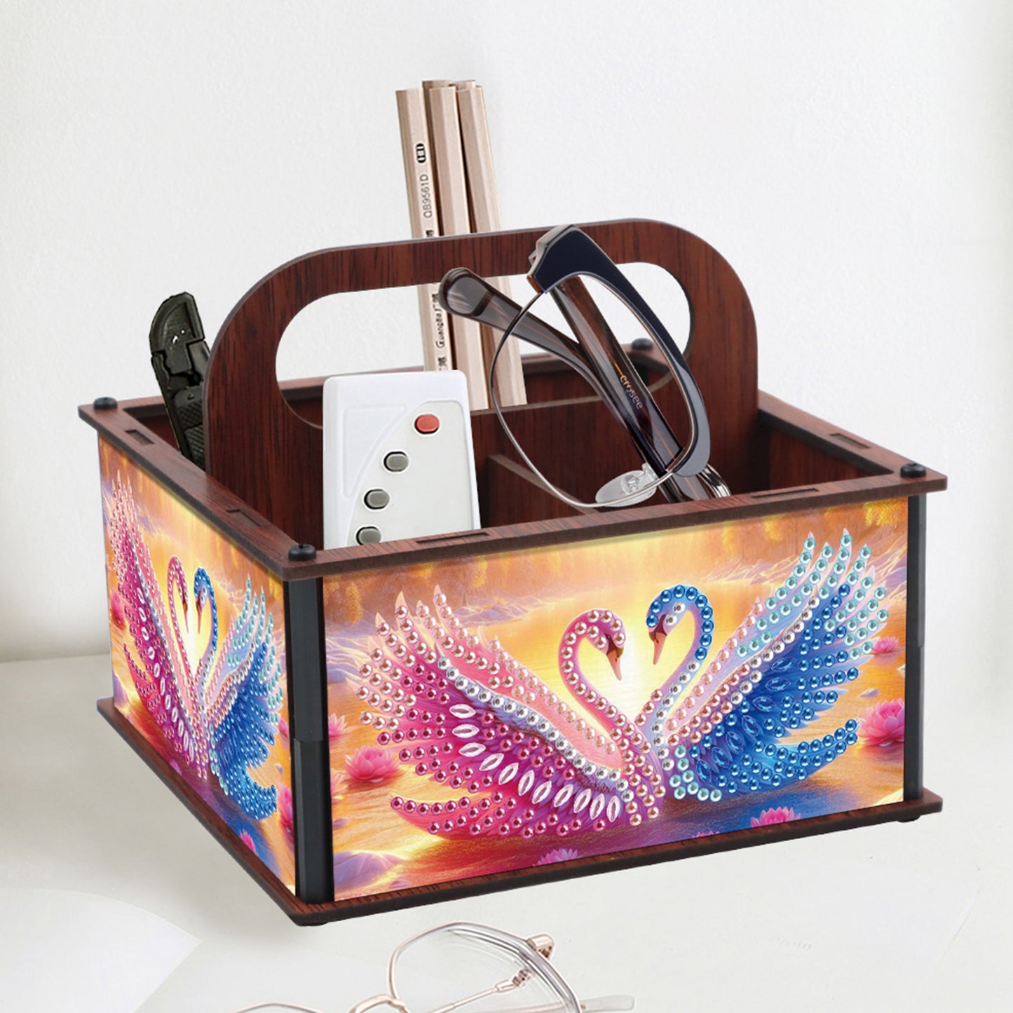 DIY Pink Blue Swan Wooden Diamond Painting Handheld Storage Box Kit Home Decor
