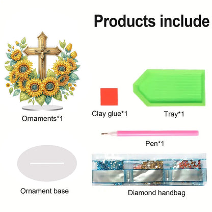 2D Flat Cross and Sunflower DIY Acrylic Diamond Painting Ornament Kit Home Decor
