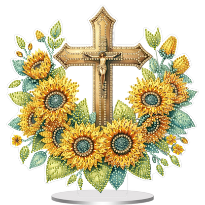 2D Flat Cross and Sunflower DIY Acrylic Diamond Painting Ornament Kit Home Decor