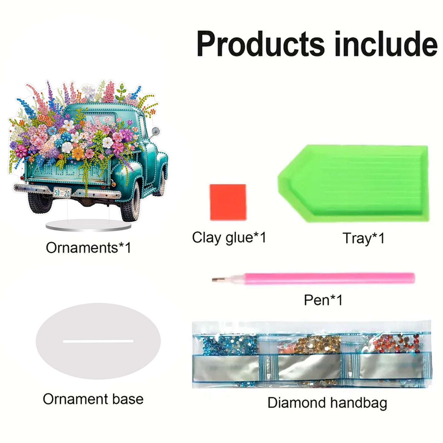 2D Flat Car and Flowers DIY Acrylic Diamond Painting Ornaments Kit Home Decor