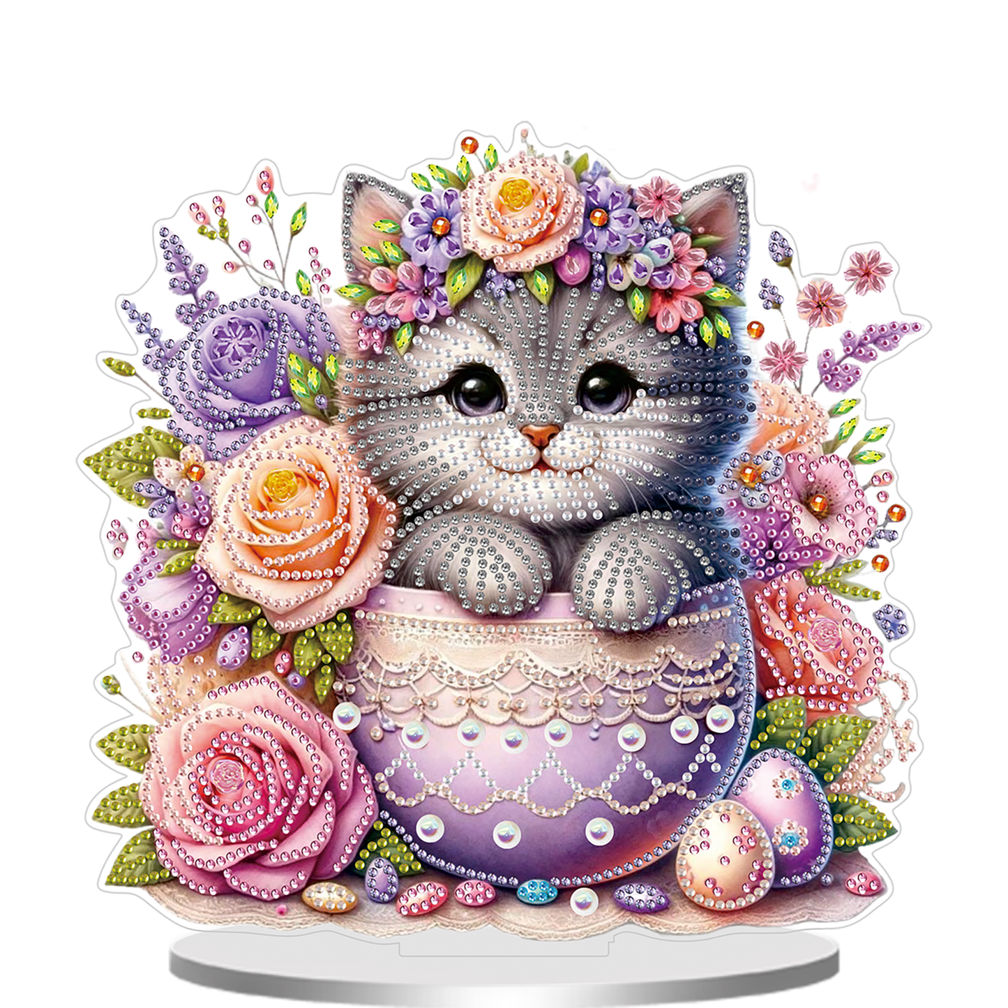 2D Flat Cat and Flower DIY Acrylic Diamond Painting Ornaments Kit Home Decor