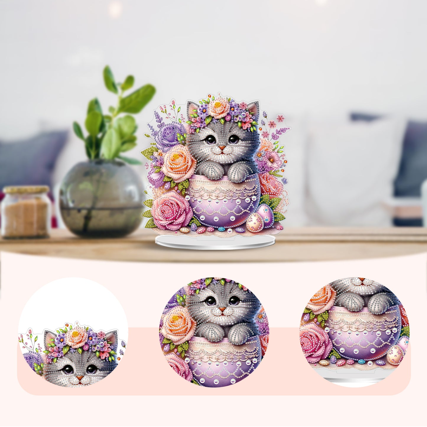 2D Flat Cat and Flower DIY Acrylic Diamond Painting Ornaments Kit Home Decor